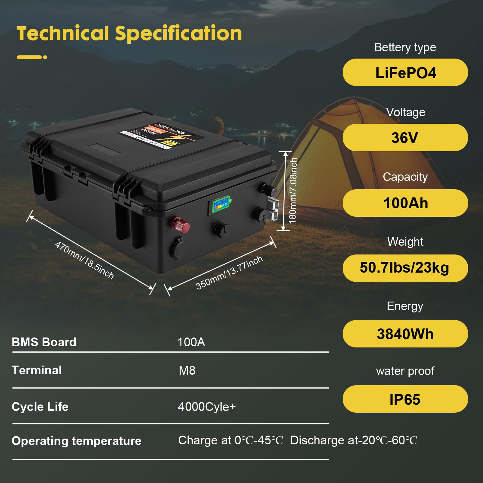 GuaiGLong 36V 100AH Lithium Battery for Golf Cart with 36V 10A Charger, Monitor, Built-in 120A BMS, 36V Golf Cart Battery with 4.6kW Output, Perfect for RV,Marine,Solar,Boat,Trolling Motor