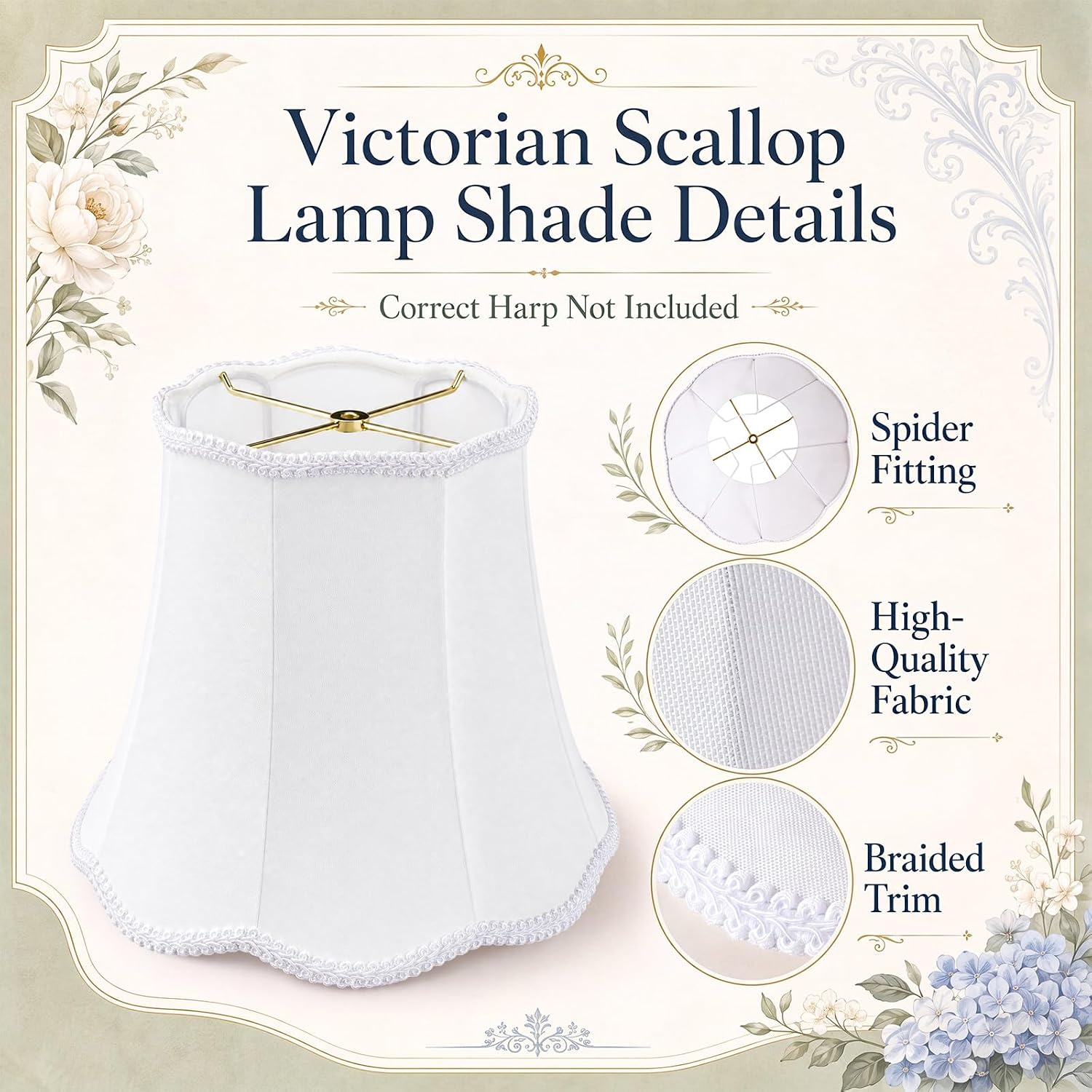 Fumete 1 Pcs Wavy Floral Scalloped Lamp Shades Vintage Lampshades,White