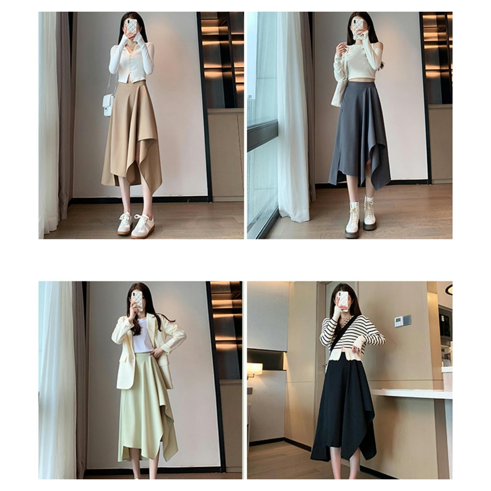 Gonna Midi Donna Primavera E Autunno Gonna Mezza Lunghezza Donna Vita Alta Slim Fit Gonna A Pieghe Irregolare Gonna Media Lunghezza-Nero-XL