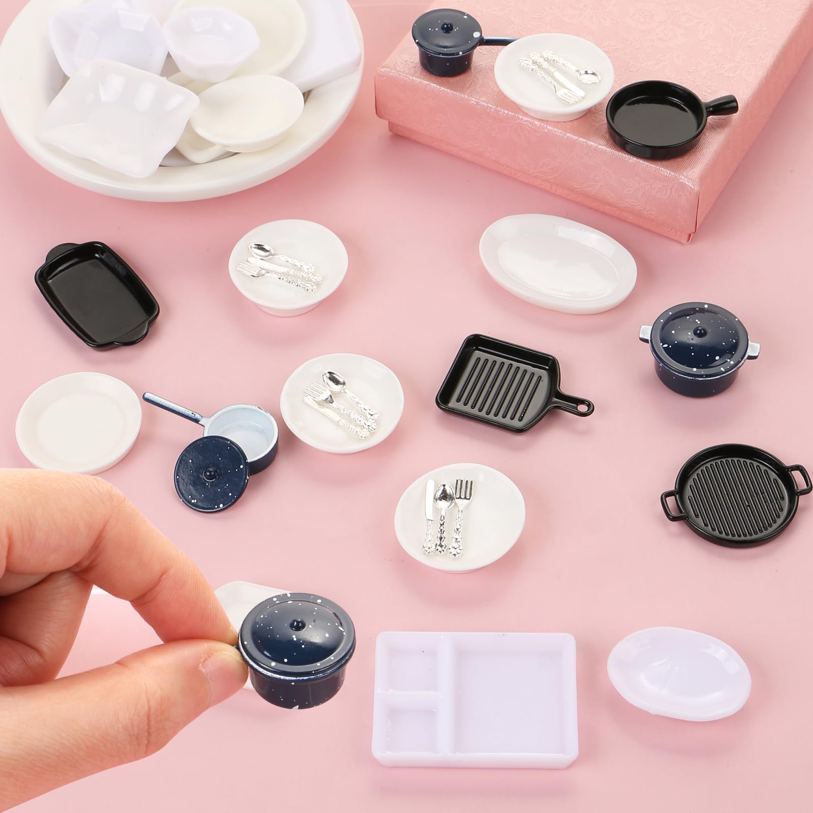 44 Pieces Miniatures Dollhouse Accessories Miniature Kitchen Set Metal Miniature Baking Set and Plastic Mini Plates for Dollhouse Role Play Party Decoration Supplies - Image 3