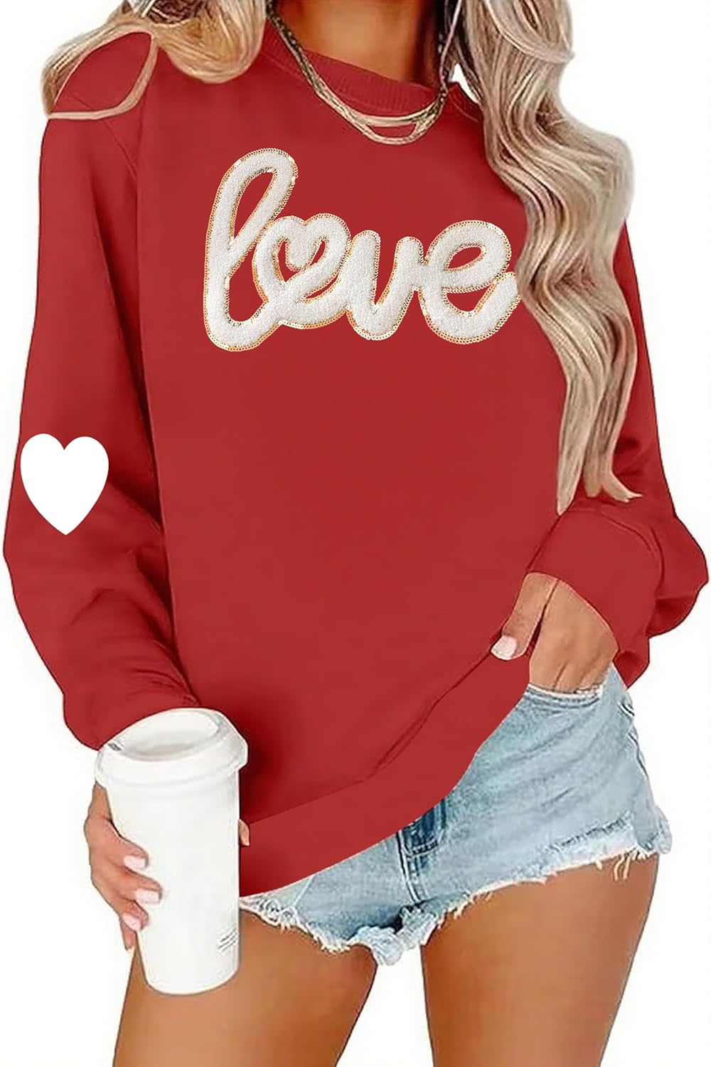 Valentine's Sweatshirt Women Love Heart Graphic Pullover Top Chenille Patch Valentines Gifts Shirt