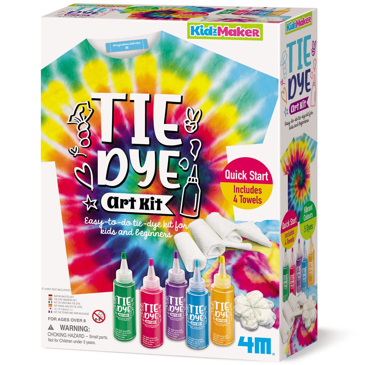 4MKidzMaker Tie Dye Art Kit – Easy DIY Tie-Dye for Kids Ages 5+ | Create 8 Unique Patterns on Towels, Bags or Tees with Dyes, Gloves & Rubber Bands | Fun Beginner Craft Kit | 00‑04787