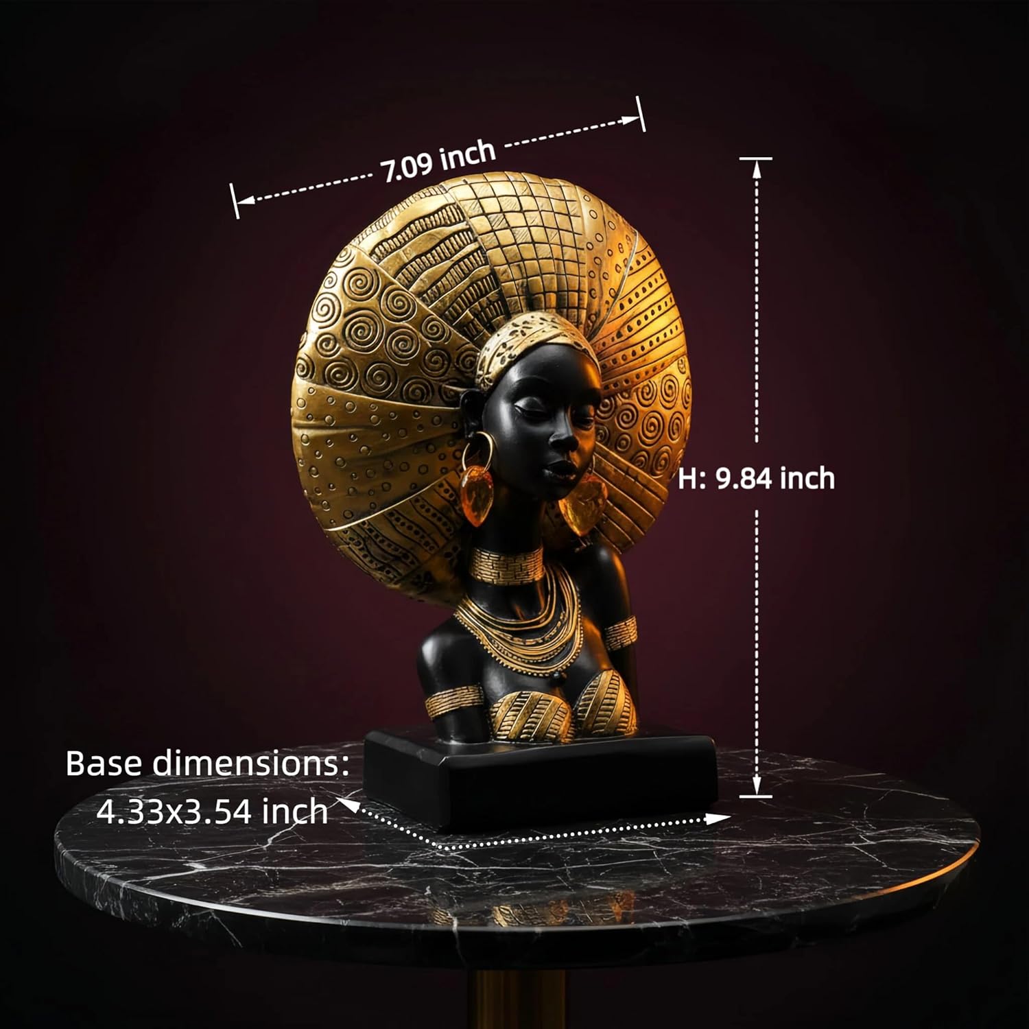 African Woman Statue with Gold Sunburst Headdress – Resin Figurine with Tribal Jewelry, Afrocentric Home Decor Accent, Cultural Sculpture Gift for Women - Image 3