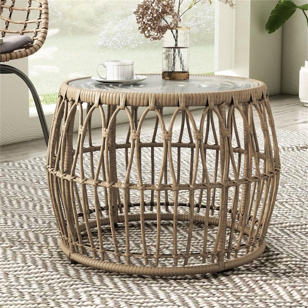 Round Outdoor Coffee Table, Natural PE Wicker/Rattan with Tempered Glass Top, 21.65" Diameter x 15.75" Height, Powder-Coated Steel Frame, Boho Style for Patio, Garden, or Indoor Spaces