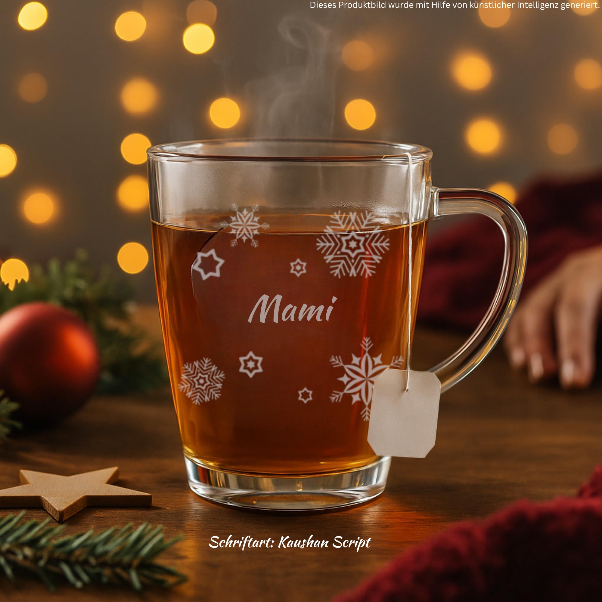 Glasbecher mit Gravur, Schneeflocke, 300 ml, 6 Stück | Personalisierte Glastassen für Kaffee, Tee & Glühwein, Wichtelgeschenkidee, hitzebeständig, Spülmaschinenfest