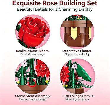 Roses Flowers Building Block Set,Artificial Red Roses Flower Botanicals Bonsai Building Set,Office & Home Decor,Gift for Mother's Day,Valentine Day,Birthday,Christmas Day(307 PCS)