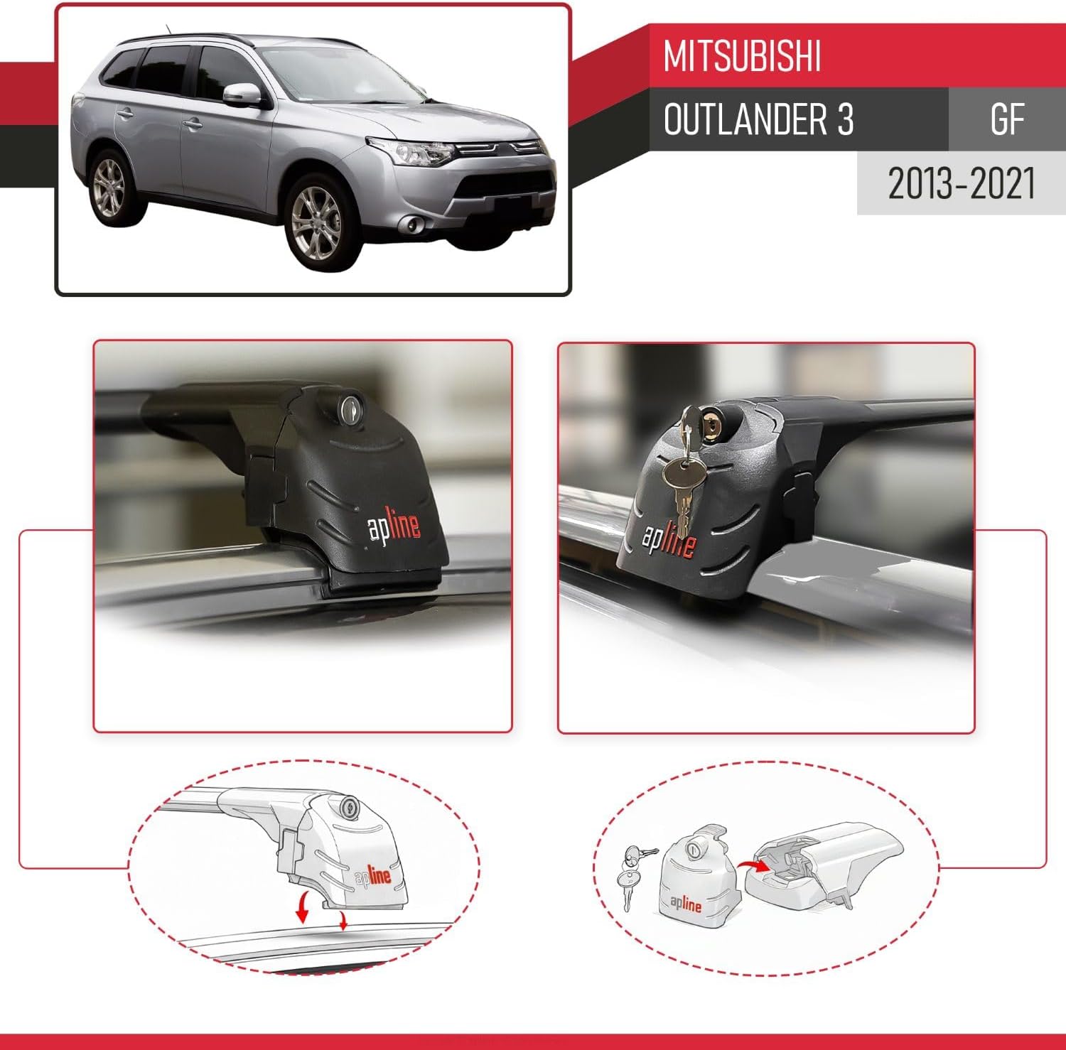 Compatible with Mitsubishi Outlander 3 (GF) 2013-2021 ACE-2 Type Car Roof Rack Cross Bar Black Aluminium Bars