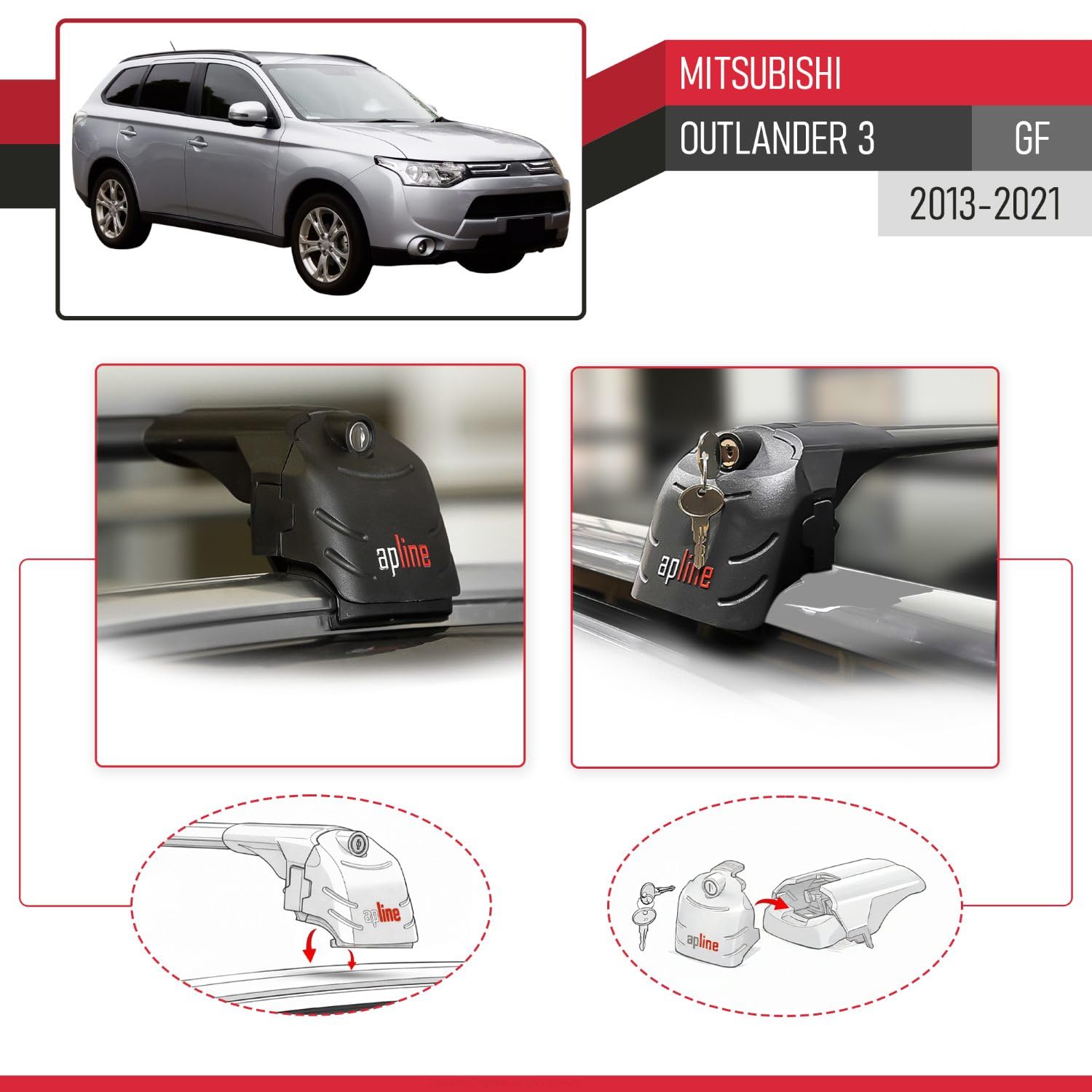 Compatible avec Mitsubishi Outlander 3 (GF) 2013-2021 ACE-2 modèle Barres de Toit Railing Porte-Bagages de Voiture Noir Aluminium Barres