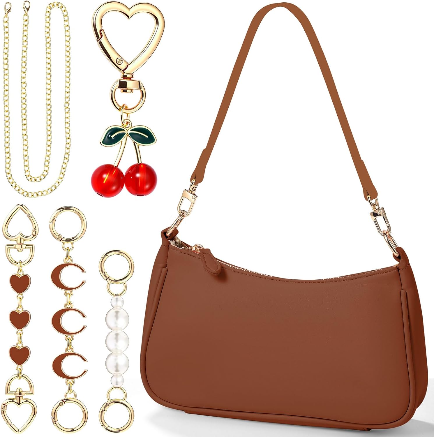 Abbylike 6 Pcs Shoulder Bag for Women with 3 Extender Chain Cherry Charm Small Leather Purse Handbag Tote Kit Birthday Gift