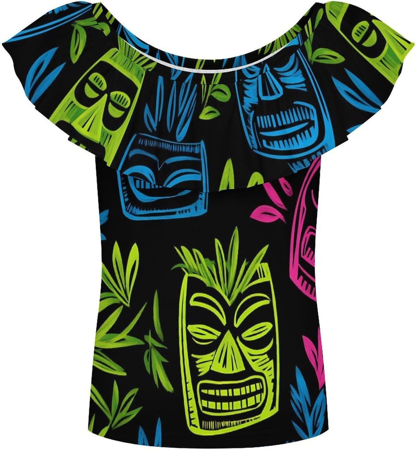 Hawaii Tiki Masks Girls T-Shirts Top Ruffle Short Sleeve Blouse Casual Graphic Tees