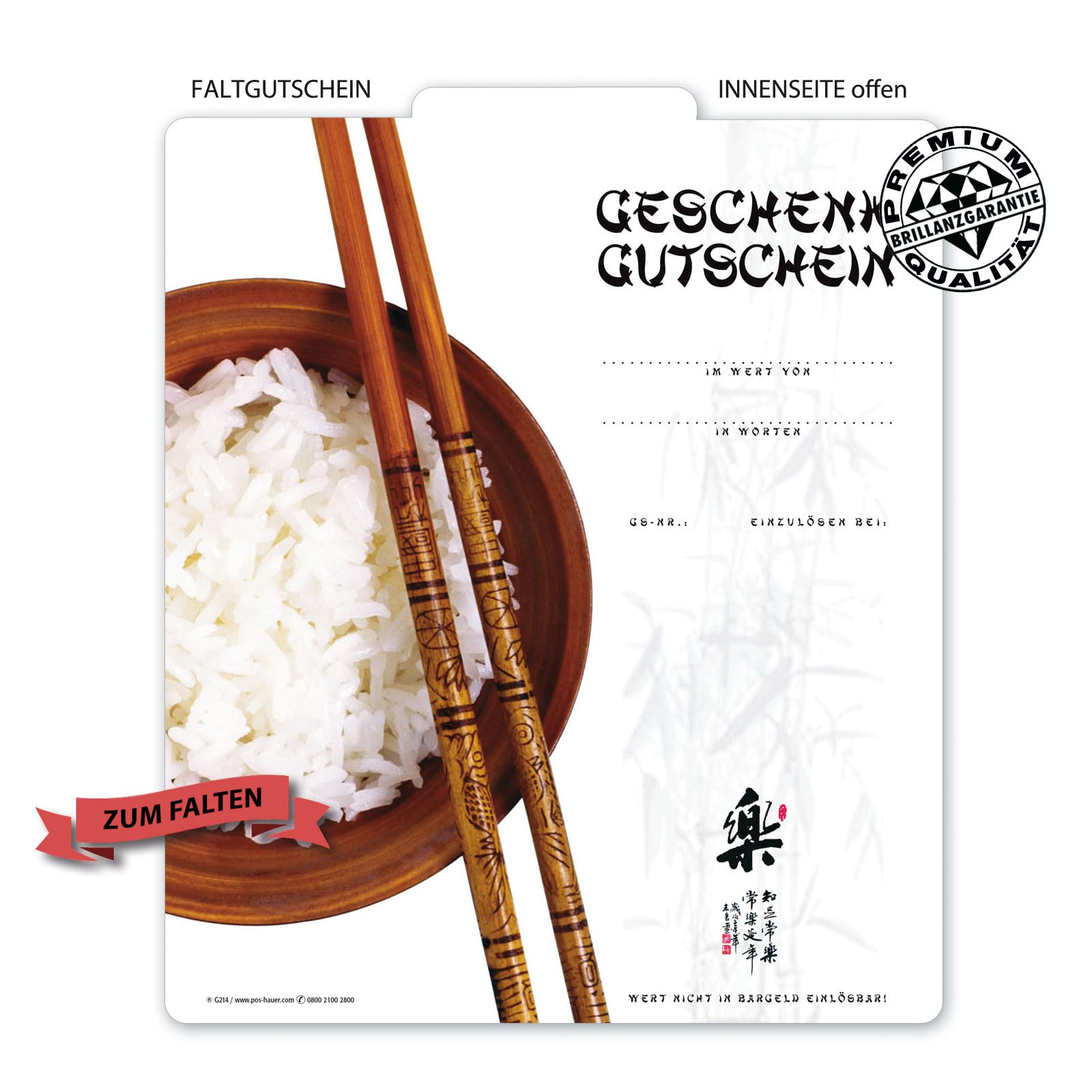 GESCHENKGUTSCHEINcom Gutscheine aufklappbar mit Umschlag/Schleife 25 Stück für China-Restaurants Asiatische Küche Gastgewerbe G214-2-25