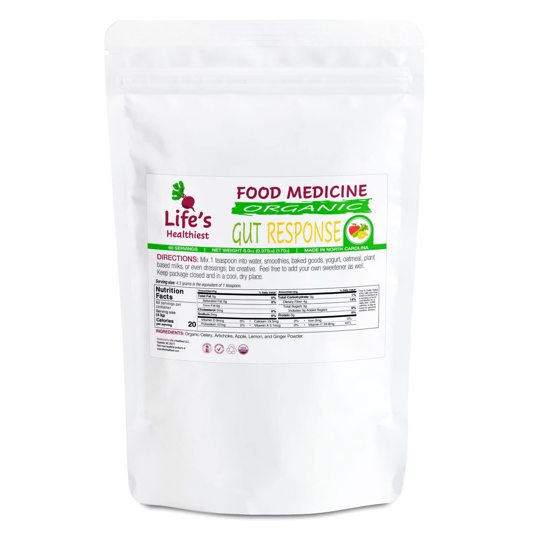 Life’s Healthiest Gut Response GoodFood Powder Blend - 100% bio-Available nutrients from Good Food. Organic, Plant-Based, Non-GMO, Clean and raw. 60 Servings.