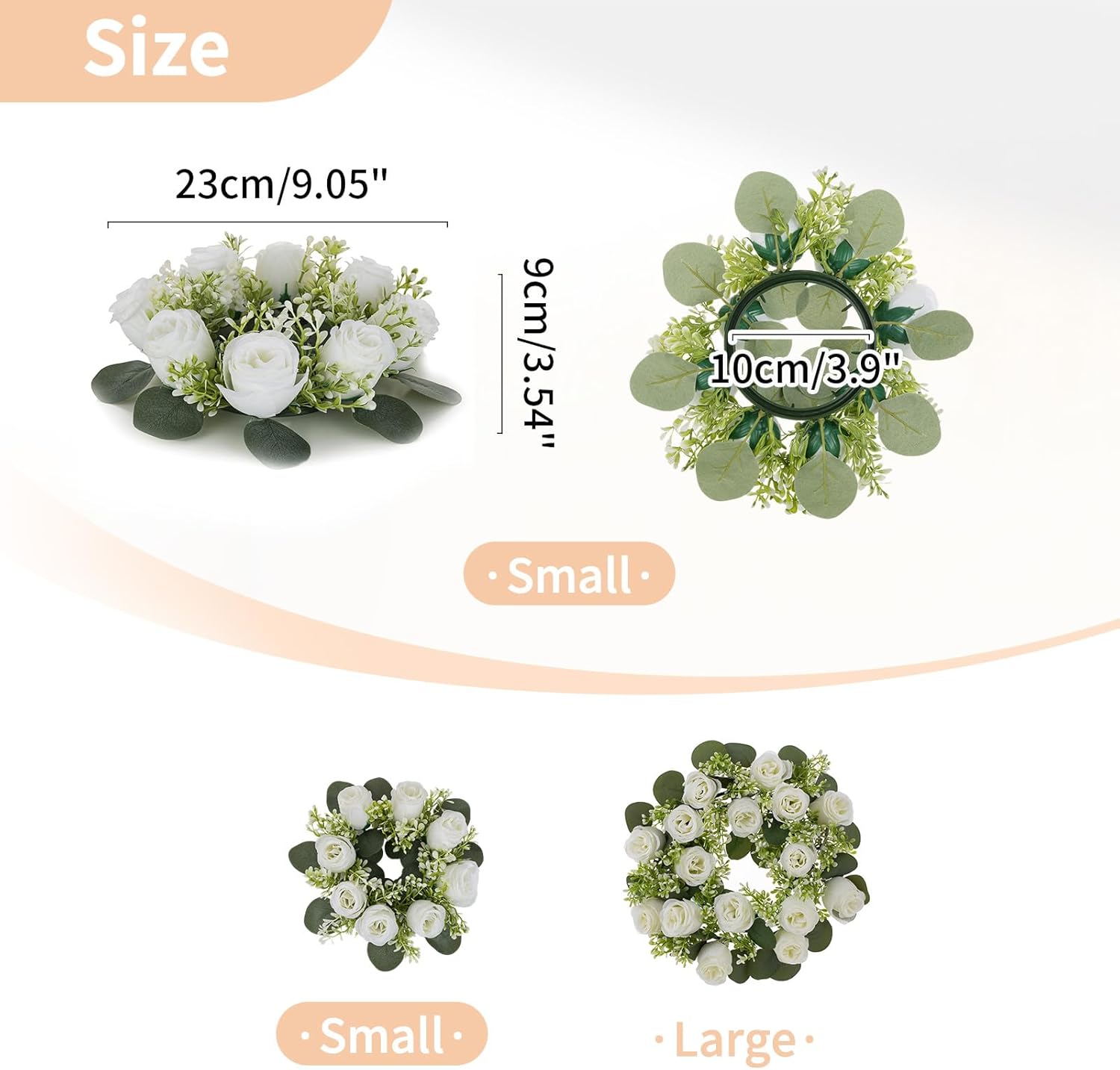 NUPTIO Flower Wreath for Table Centerpieces: 9.05 Inch Small White Artificial Candle Rings for Wedding Party Christmas Decorations - 6 Pcs Rose Wreaths for Spring Summer Front Door Porch Decor 2 Pcs