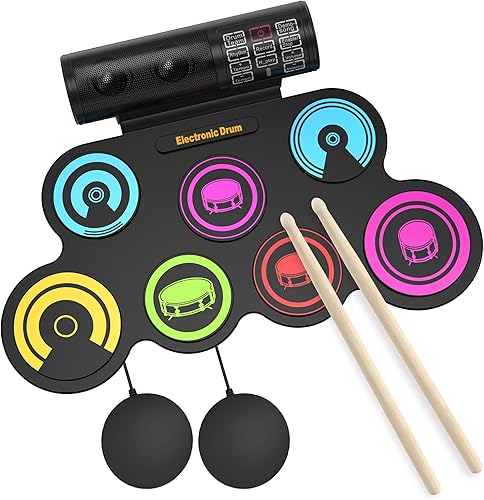 Juego de batería electrónica de 7 almohadillas (arco iris), kit de batería enrollable con baquetas, batería eléctrica, almohadilla electrónica para