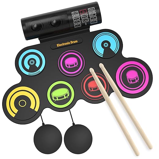 7 Pads Electronic Drum Set (Rainbow), Roll Up Drum Kit with Drum Sticks, Electric drums, Drum Pad Electronics for Kids with 5 Different Drum Kit, 3 Unique Rhythms, Bulit-in Double Speakers