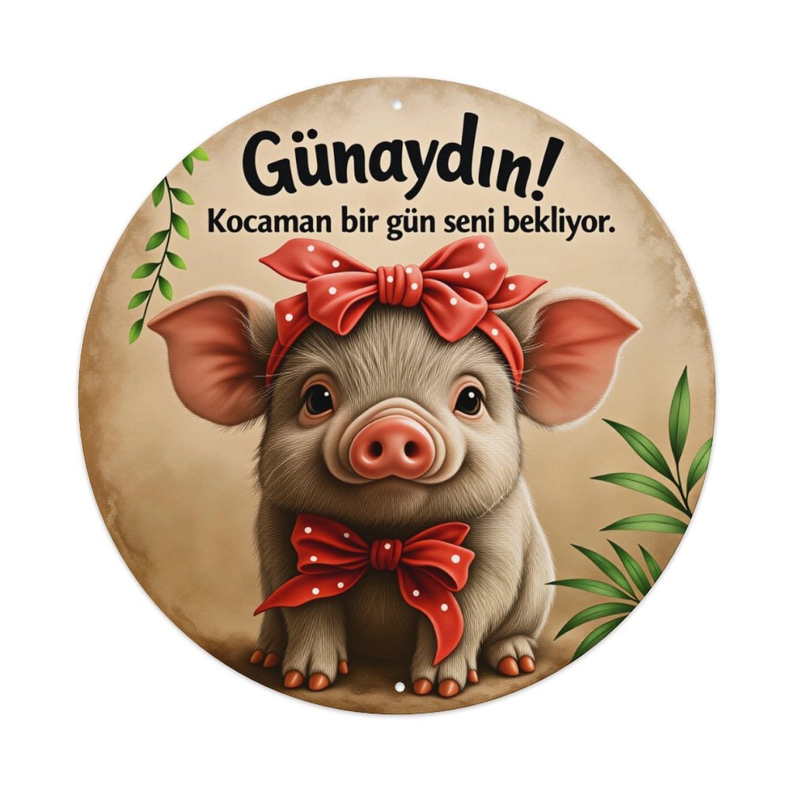 Cute Pig With Red Bow Round Tin Sign Vintage Style Metal Sign Home Bar Garden Wall Plaque Decor Metal Poster 8x8 Inch