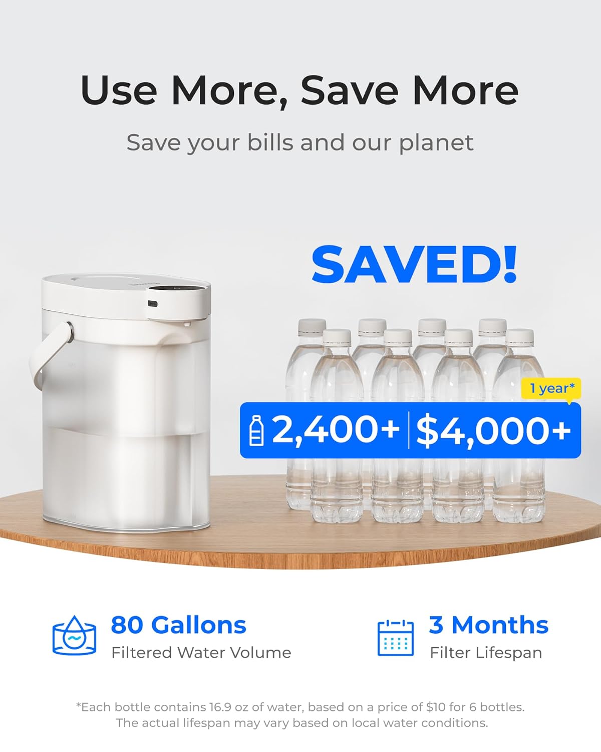 Waterdrop Rechargeable Water Filter Dispenser with 2 Filters, Reduce 70+ Contaminants, 15-Cup Countertop Water Filtration System