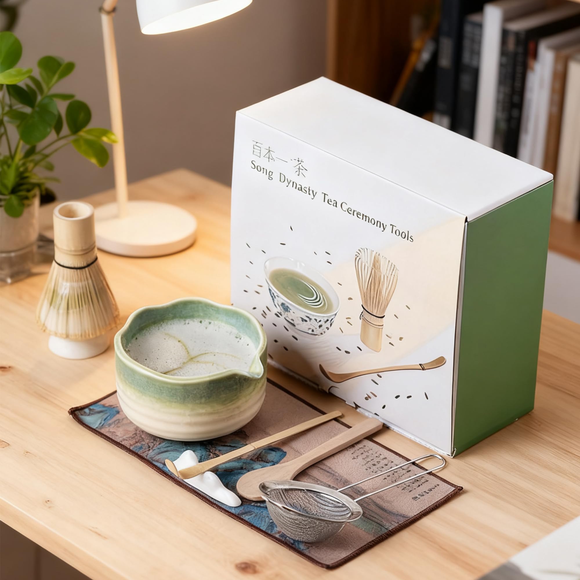 Zestaw Matcha z trzepaczką i miską, japoński zestaw do herbaty Matcha zawiera ceramiczną miskę, trzepaczkę bambusową, uchwyt, miarkę, przesiewacz i szmatkę, kompletny prezent dla początkujących