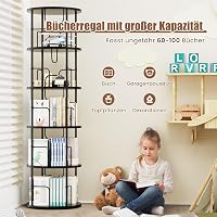 Generisch 360 fokban forgó álló fa könyvespolc 5 szinttel, állítható polcokkal, 45 x 45 x 160 cm, fekete 4