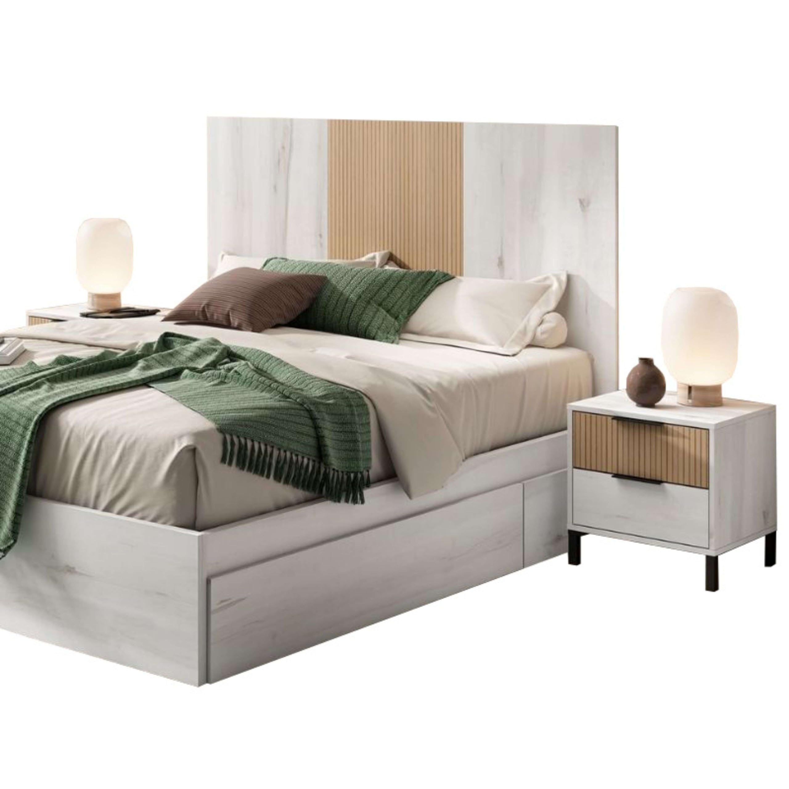 Miroytengo Cabecero De Cama con Mesitas Arles Blanco Albo y Roble Rayado 159 Cm