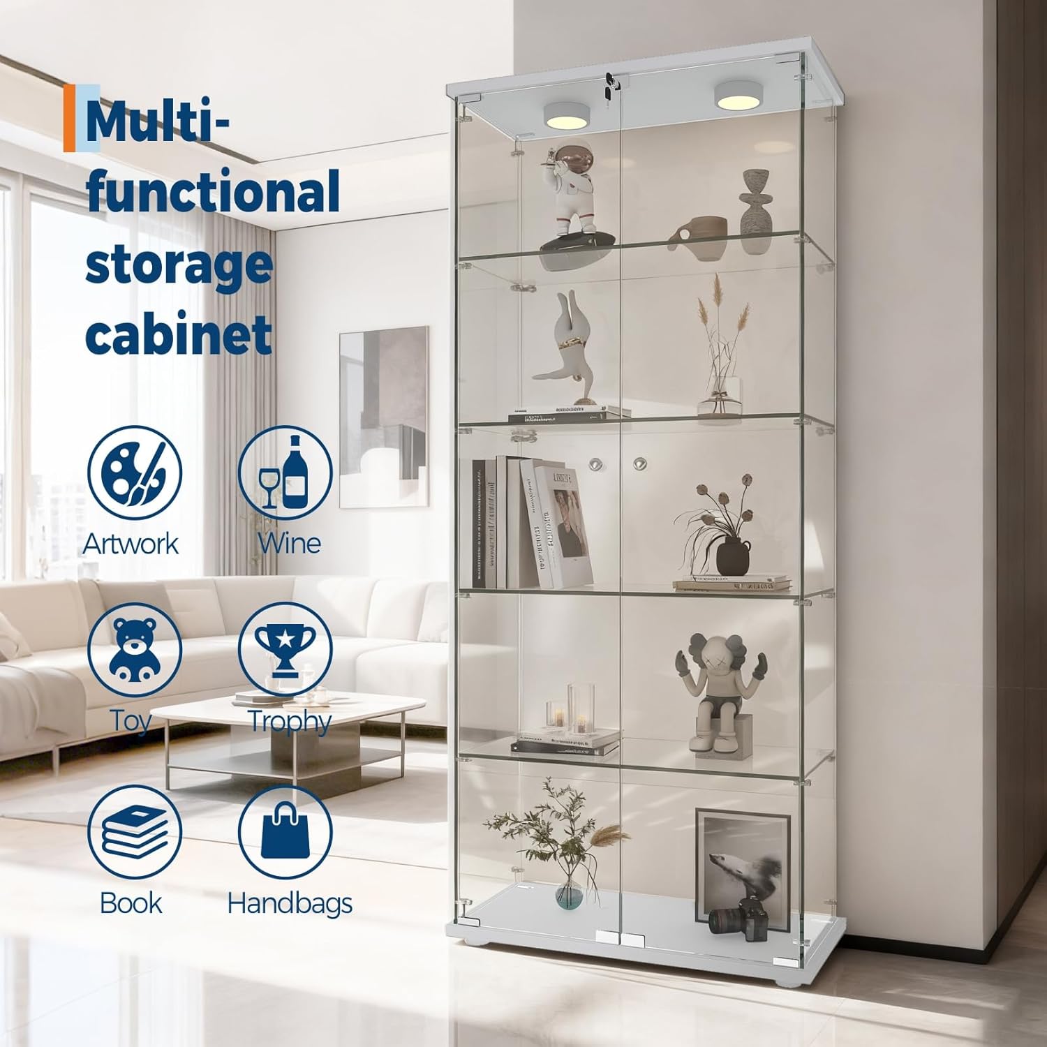 Takywep 5-Tier Curio Display Cabinet with Dual Tempered Glass Doors, Human Body Sensor & 3-Color LED Lights, White Display Case for Collectibles Wine Living Room