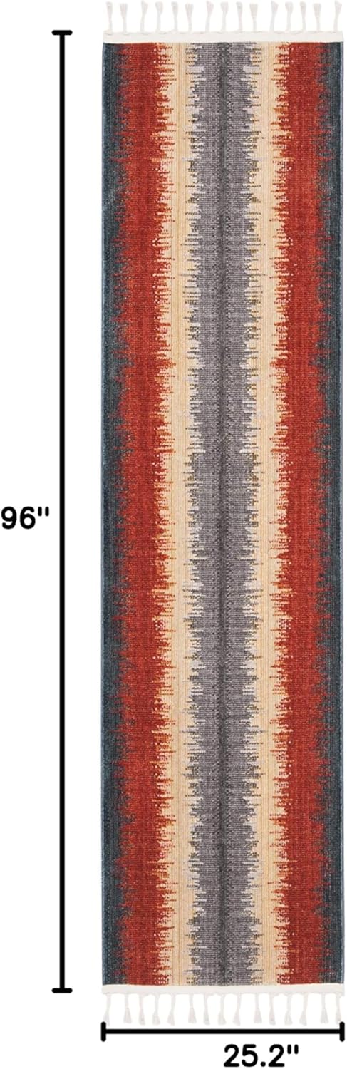 SAFAVIEH Farmhouse Collection 2'1" x 8' Navy / Orange FMH824N Boho Stripe Tassel Runner Rug