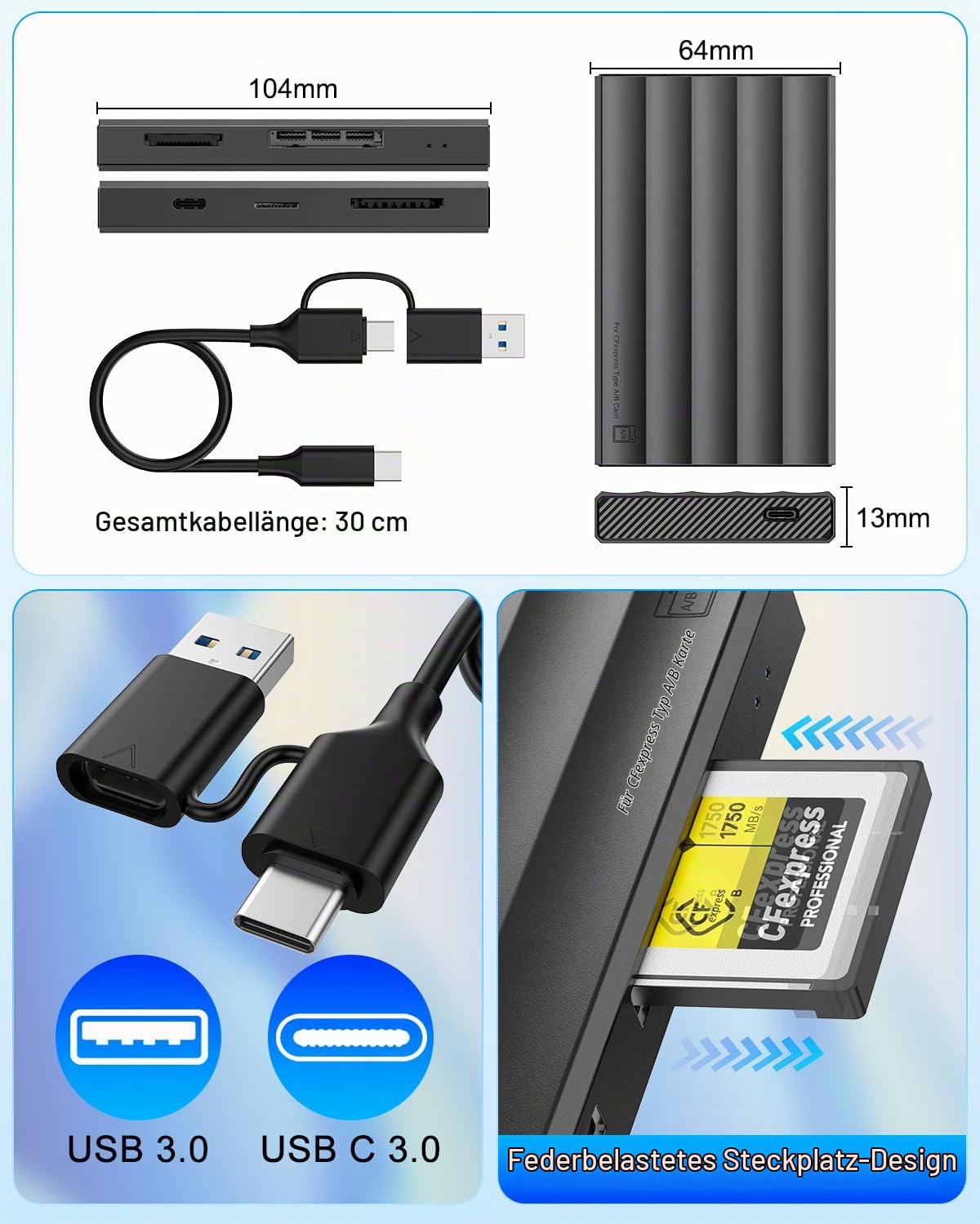 CFexpress Type B/CFexpress Type A + TF + SD4.0 UHS-II Kartenleser, 5-in-1 10Gbps USB 3.2 Gen2 cf Express kartenleser mit USB-C, Plug & Play cf Express Type b Adapter für Windows/Mac/Linux/Android