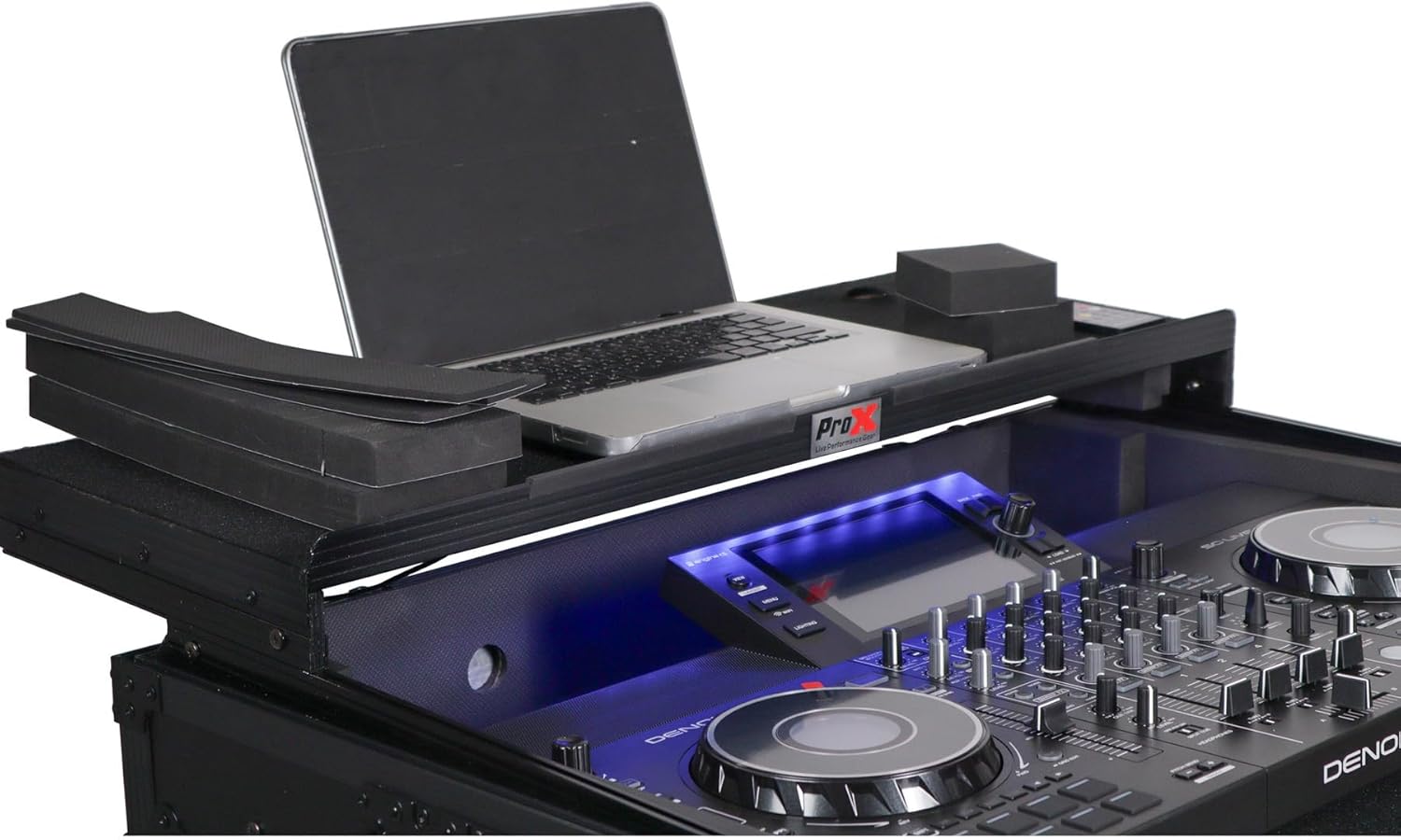 ProX XS-SCLIVE4 LTBL ATA Flight Case for Denon SC Live 4 DJ Controller, Laptop Shelf, 1U Rack Space, RGB LED, Black Finish