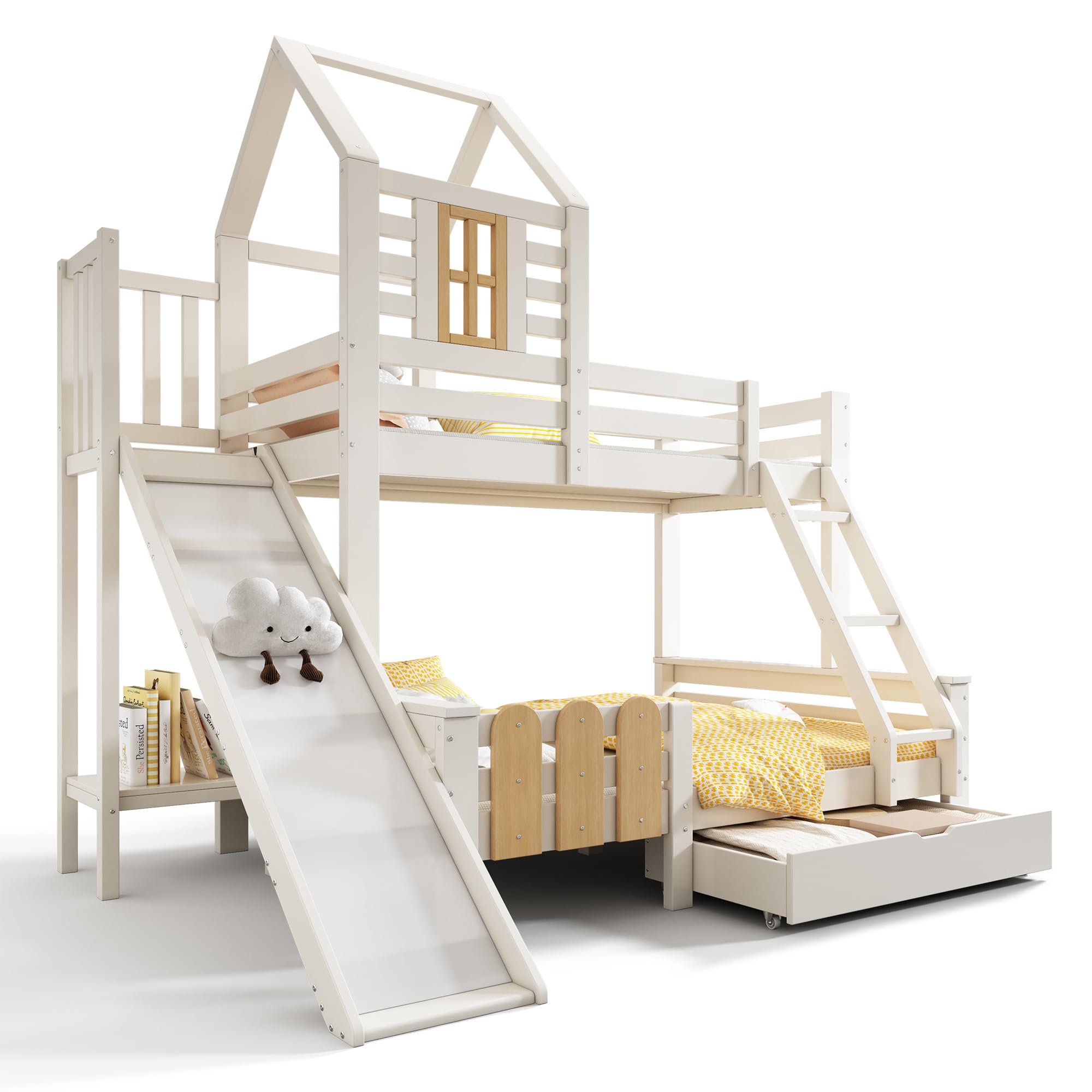Litera 90 x 200 y 140 x 200 cm, cama con cajón tobogán y escalera, cama infantil con somier, diseño de cabaña de troncos, sin colchón, color blanco