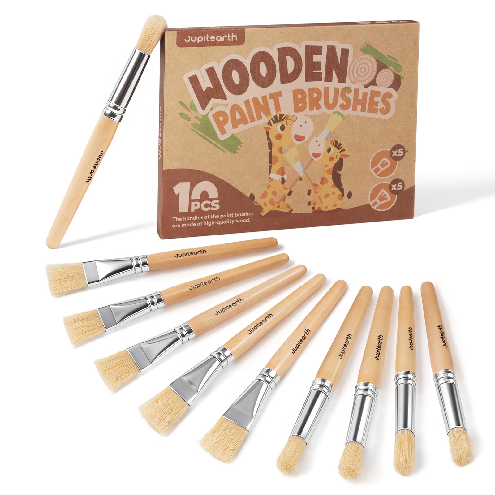 JUPITEEARTH Jumbo-Pinsel für Kinder, leicht zu greifende runde und Flache Kleinkind-Pinsel mit Naturholzgriffen für abwaschbare Farbe und Acrylfarbe, 10 Stück | Jumbo-Größe, griffige runde und flache Kleinkind-Pinsel, Vorschul-Malpinsel für waschbare und Acrylfarbe