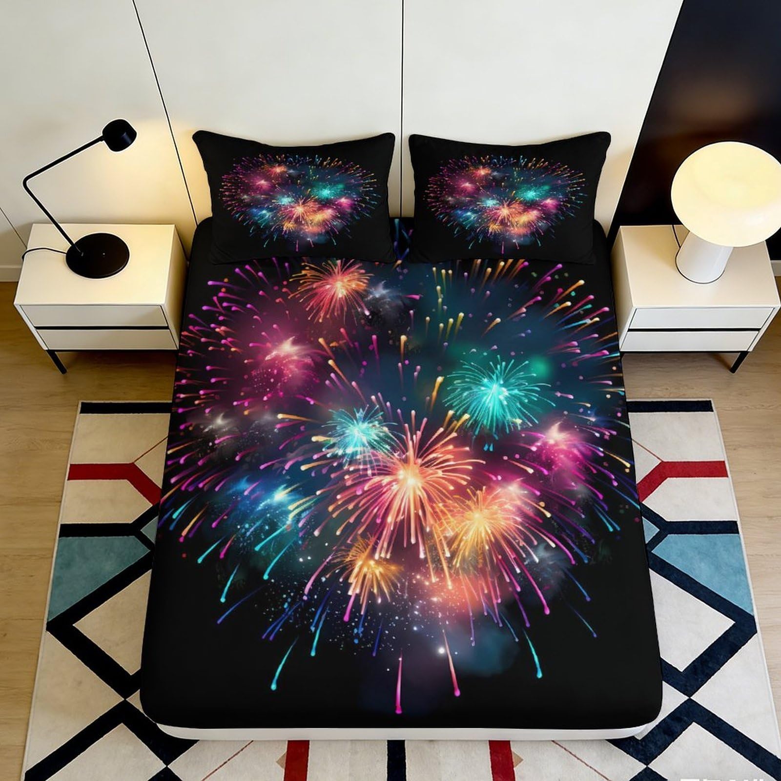 3D Printed Fireworks Night Sky Fitted Sheet Microfiber Soft Mattress Cover for Bedroom Dorm Mattress Protection Decor 90x200x25cm