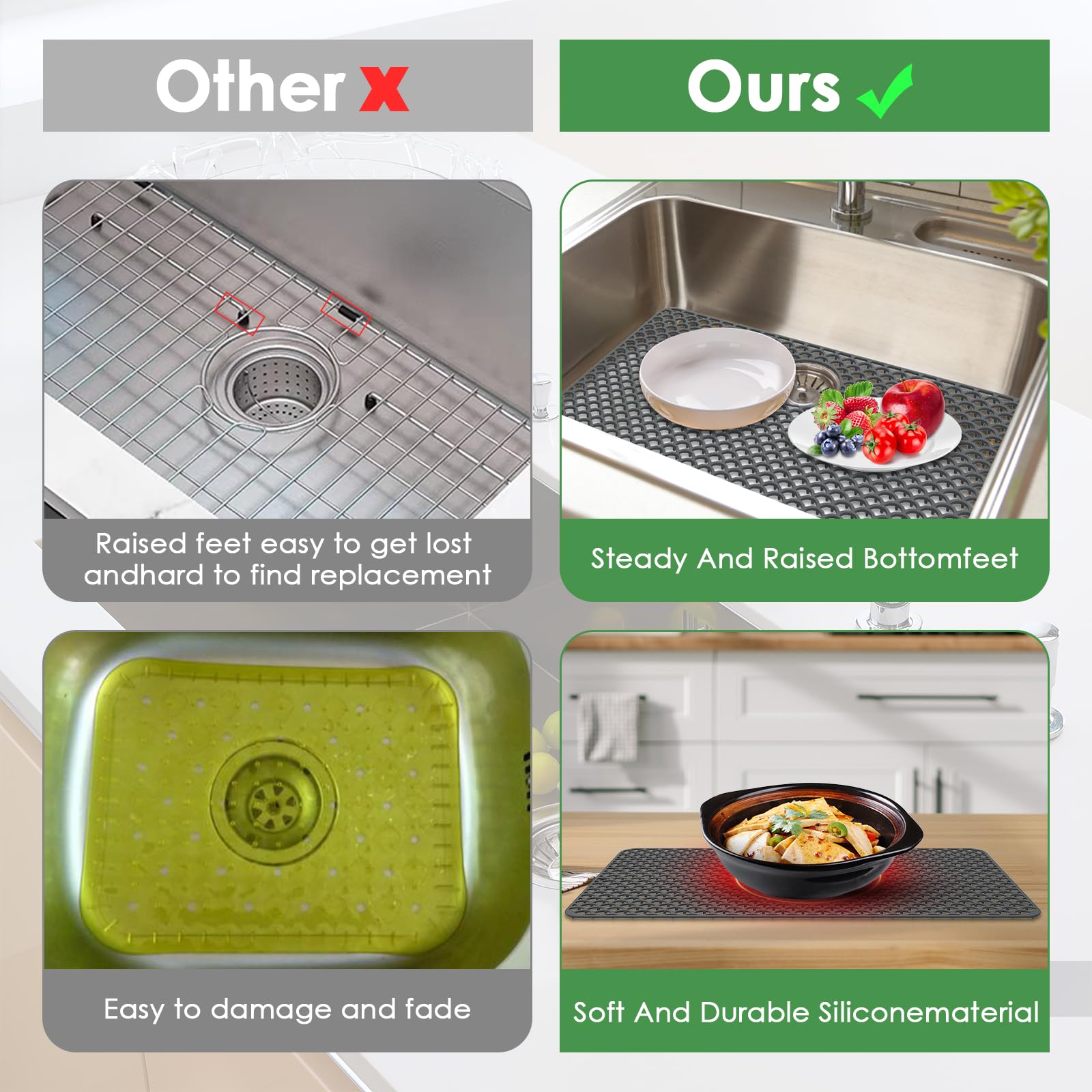 Tappetino In Silicone Per Lavello Da Cucina Pieghevole - Tappetino Lavandino Cucina - 3 Modelli Nero O Grigio - Con Fori Drenaggio Per Cucina Bagno