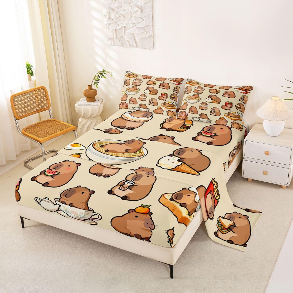jejeloiu Cartoon Capybara Bed Sheets Set Full Size Cute Animal Deep Pocket Fitted Sheet Kawaii Bedding Sets Soft Bed Set 4Pcs with 2 Pillow Cases