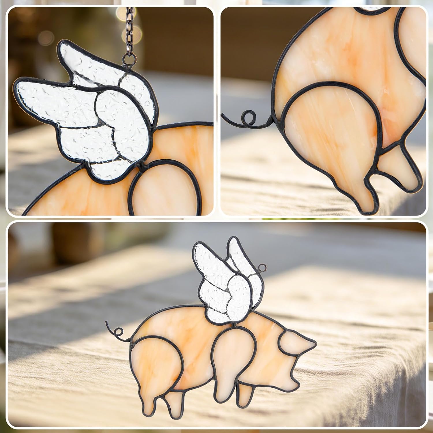 Flying Pig Suncatcher, Stained Glass Window Hanging Decor, Handmade Gift for Pig Lovers Women Mom - Funny Animal Party & Nursery Decoration