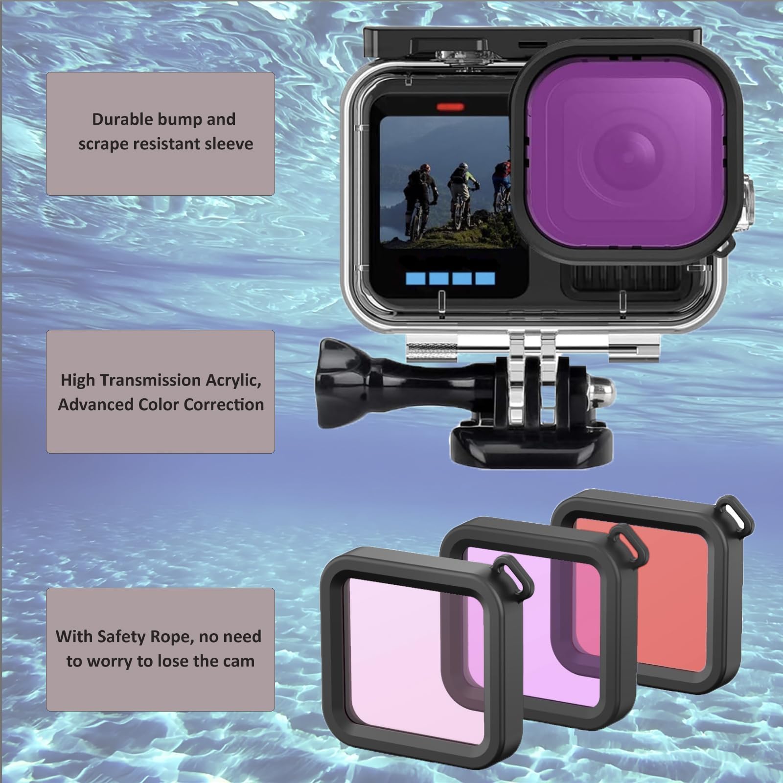 wodoodporna obudowa, obudowa do nurkowania podwodnego | zamiennik z czerwonymi filtrami i wkładkami przeciwmgielnymi kompatybilny z Gopro Hero 13/12/11/10/9