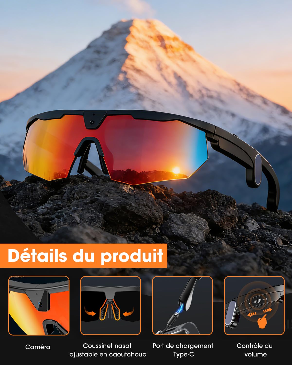 Mingtawn Lunettes connectées,caméra 4K HD Anti-tremblement,Haut-parleurs stéréo 3D,Lunettes de Soleil Sport polarisées UV400,Lunettes Bluetooth IA Outdoor vidéo Photo Musique (Noir)