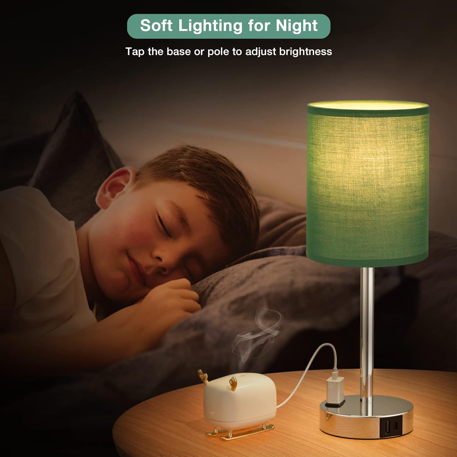 Innqoo Teal Touch Table Lamps Set of 2-3 Way Dimmable Bedside Lamp with USB C and A Ports and Outlets, Modern Nightstand Lamp with Silver Base, Small Bedroom Lamps for Kids Nursery