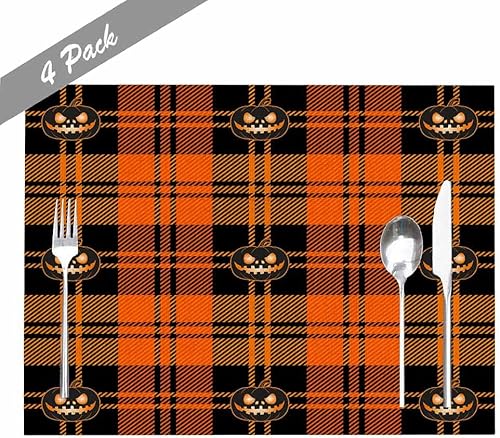 Miniatura 7 de Manteles individuales de Halloween a cuadros de búfalo de Halloween, cuadros negros y naranjas, manteles individuales escoceses a cuadros de 18 x 12