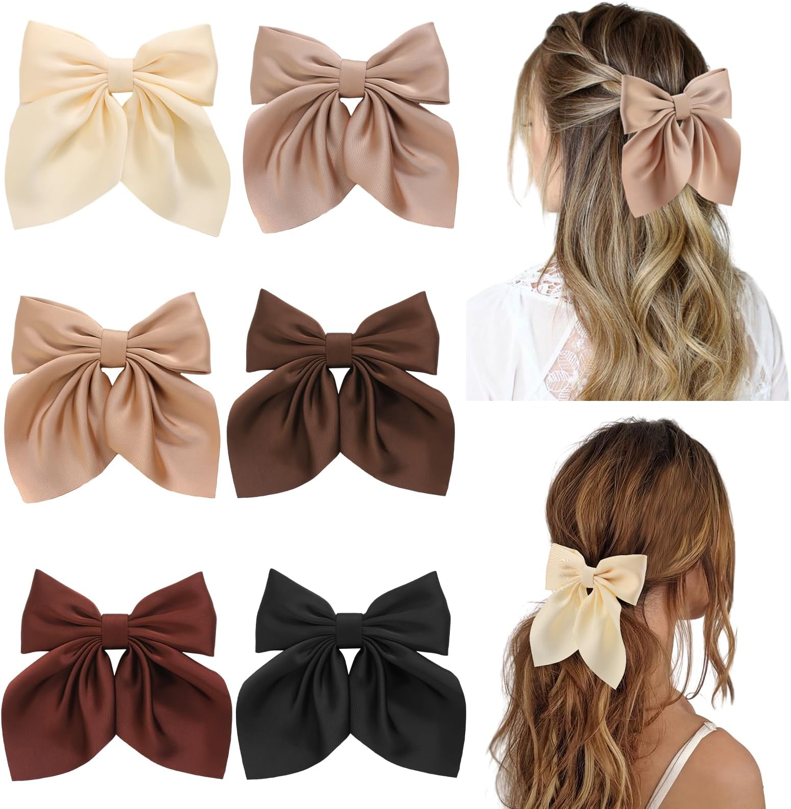 Seiolieliou 6Pcs Hair Bows for Women, Bow Hair Clips, Silky Satin Hair Bows for Girls, Neutral Colors Hair Ribbon, Cute Bow Clips for Women, Hair Accessories Gifts