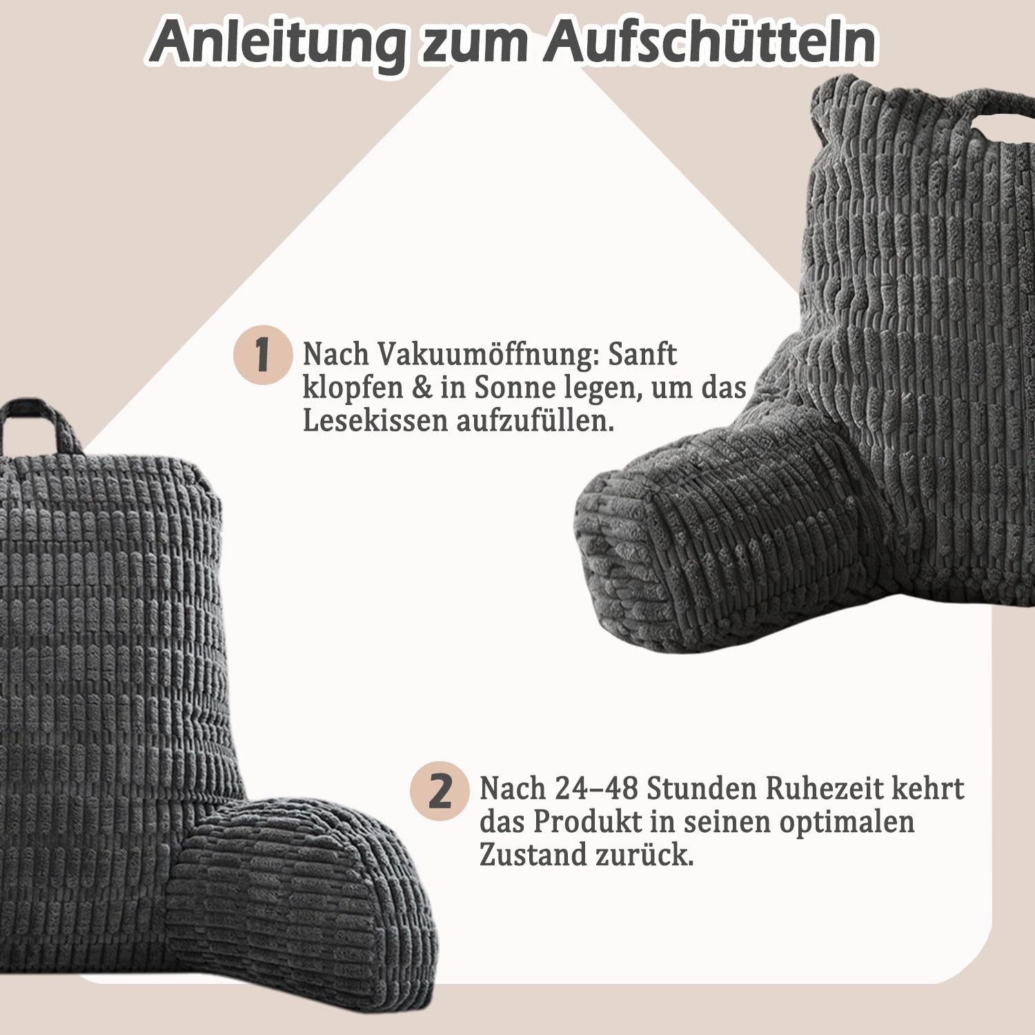 Lesekissen für Bett Und Sofa, Rückenkissen Sofa für Erwachsene mit Armlehne, RückenstüTze Abnehmbar und Waschbar, Rückenlehne zum Lesen mit Tasche für Bett, Couch, Boden, Stuhl (Dunkelgrau)