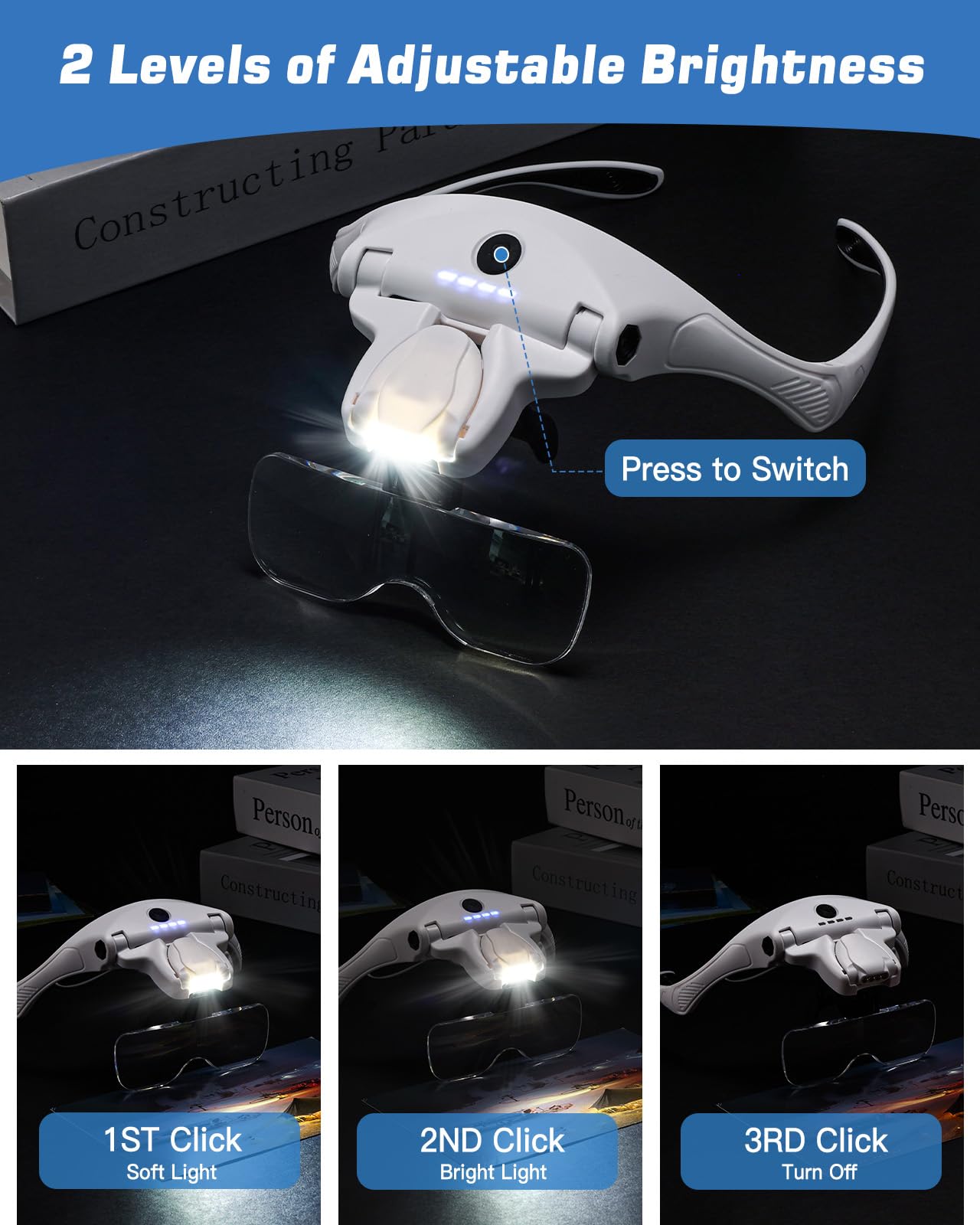 Lupa con Luz Anpro, 5 Lentes Desmontables (1X-3.5X), 4 LED con Brillo Ajustable, Lente de Aumento con Diadema Adicional para Trabajos Cercanos, Reparación de Joyas, Relojería, Manualidades.
