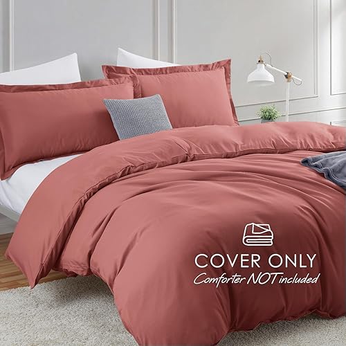 Miniatura 2 de Hearth & Harbor Juego de funda de edredón individual  Funda de edredón de arcilla rosa suave para cama individual, doble cepillado