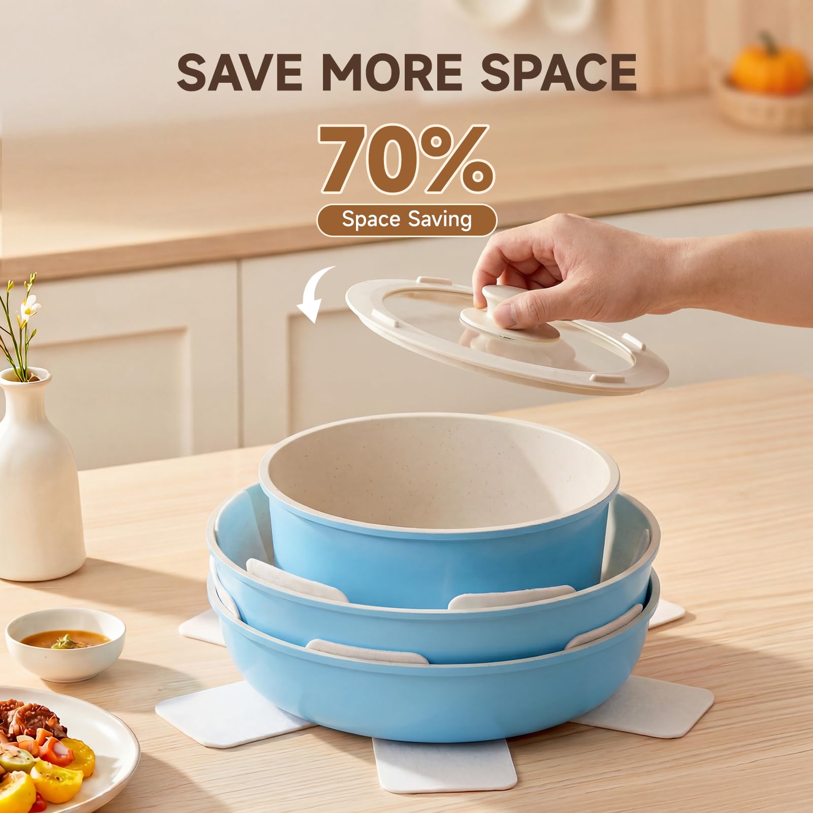 Warmiehomy Set di pentole e padelle antiaderenti da 17 pezzi, con coperchio, manico rimovibile, set di piani cottura a induzione in alluminio, per camper, forno e forno, blu