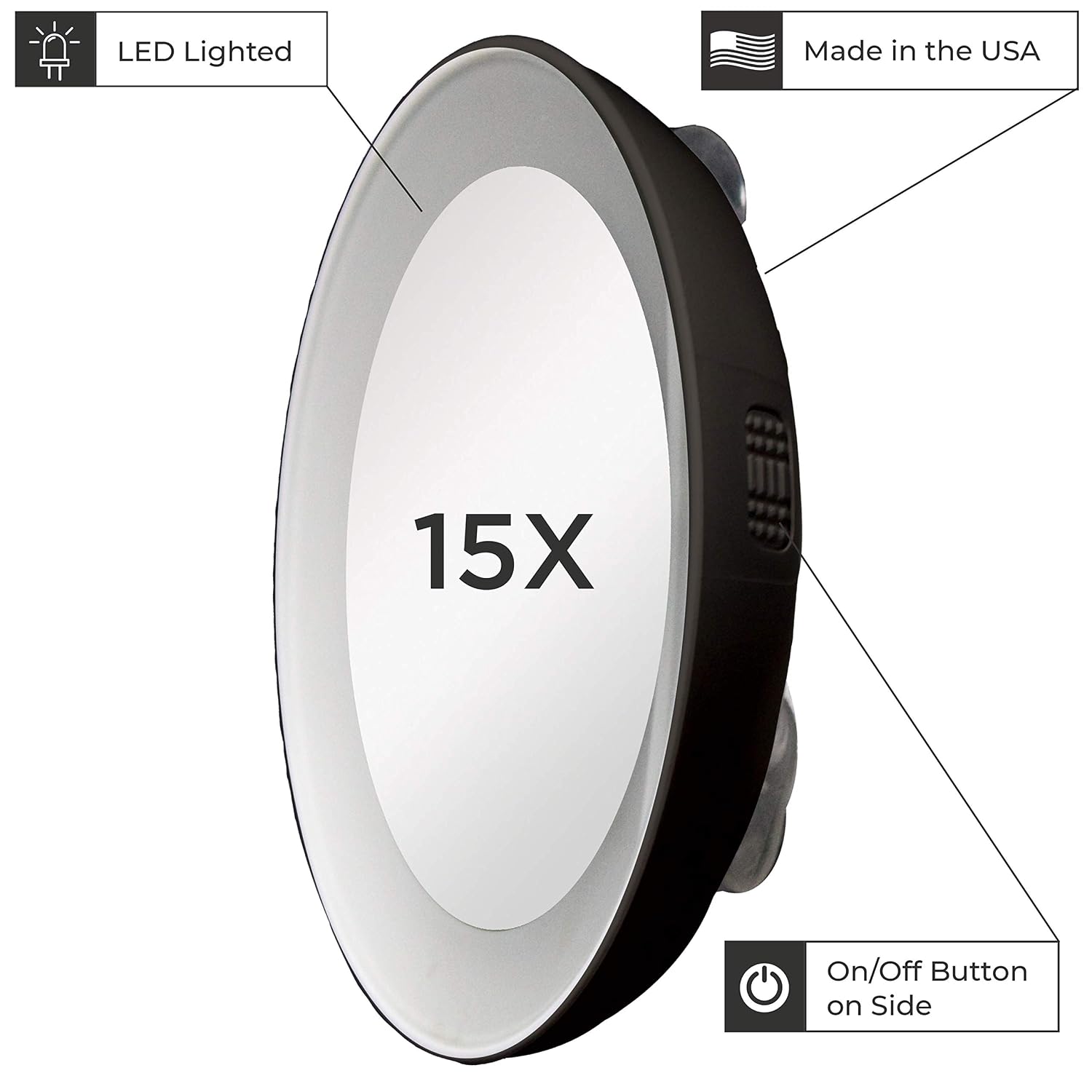 Zadro 15X Magnification Next Generation LED Lighted Suction Cup Mirror, Black, Silver Finish