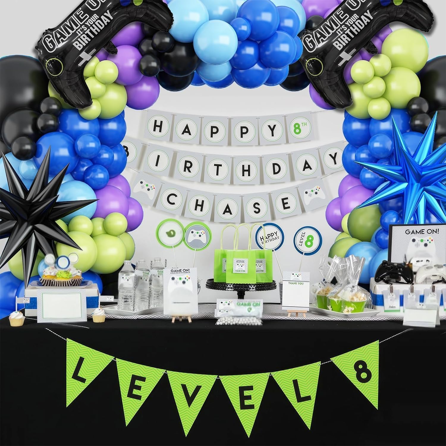 Kit de guirnalda de arco de globos de videojuegos, globos de fiesta azul, morado, verde, negro, con 2 globos de aluminio con mango de juego para temática de videojuegos, fiesta de cumpleaños,