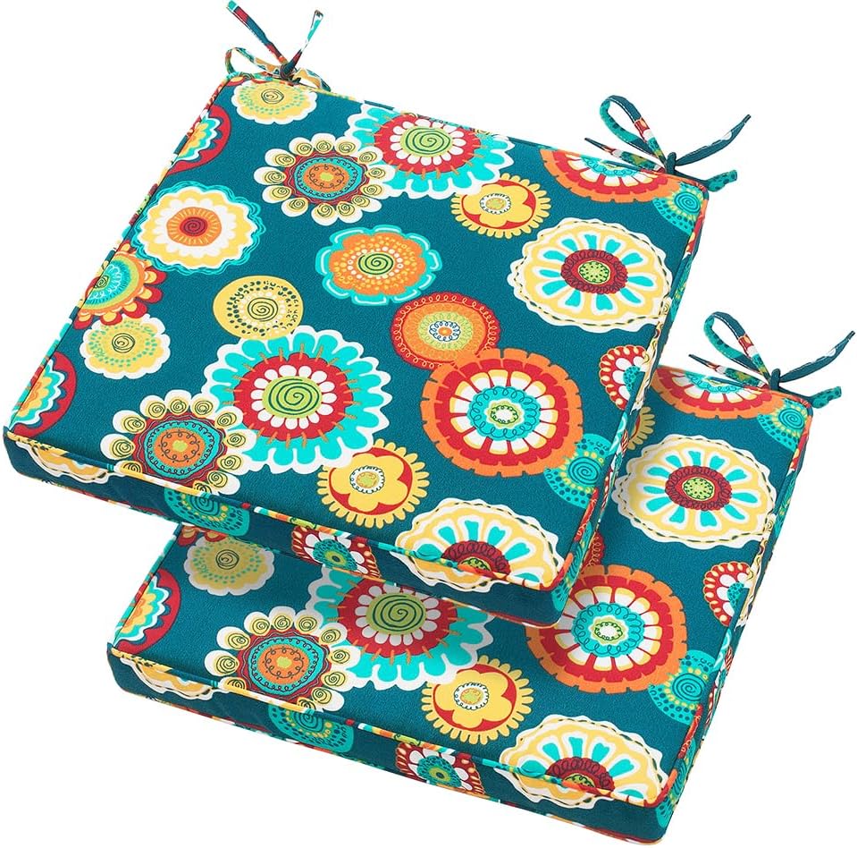Magpie Fabrics Indoor Outdoor Waterproof Square Chair Cushion, 18" x 18" x 2.5", 2 Pack, Water Resistant Seat Cushions, for Patio Garden Office, Floral Green