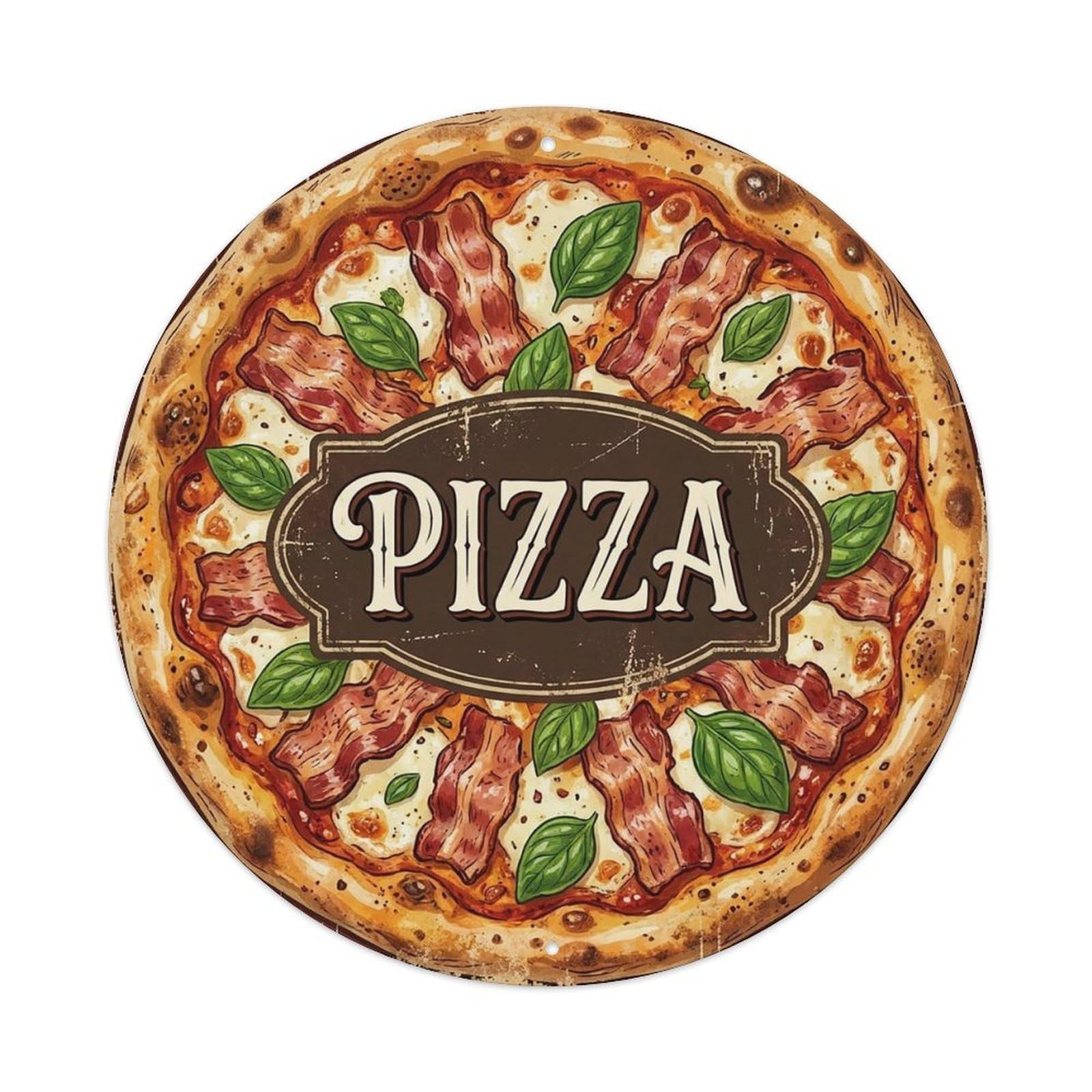 Vintage Pizza Bacon Mozzarella Basil Food Decoration Metal Tin Sign