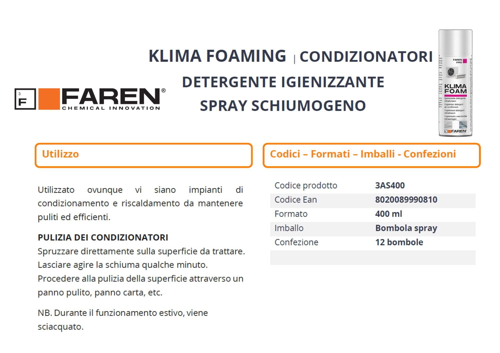 3 x KLIMA FOAM Faren, Detergente Igienizzante Spray Schiumogeno per Condizionatori,ideale per i pacchi alettati e filtri,disgrega lo sporco emulsionandolo, 400ml