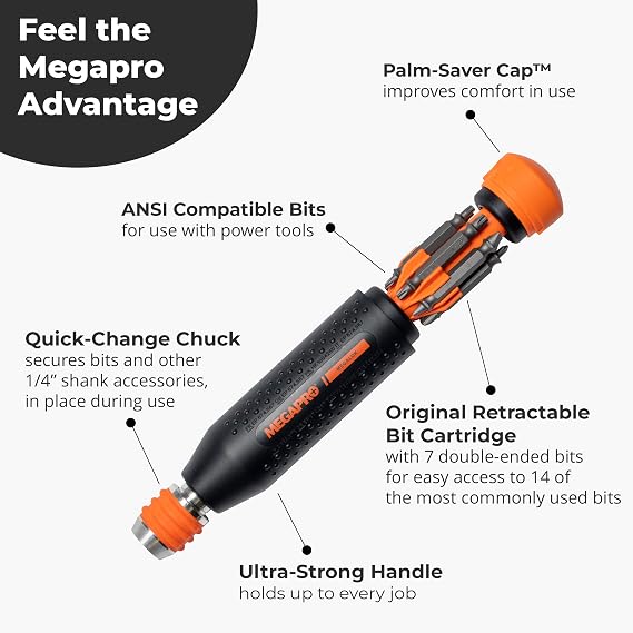 MEGAPRO 14-in-1 MegaLOKTM Multi-Bit Screwdriver | Quick-change Chuck | ANSI Compatible bits can be used in your impact driver |