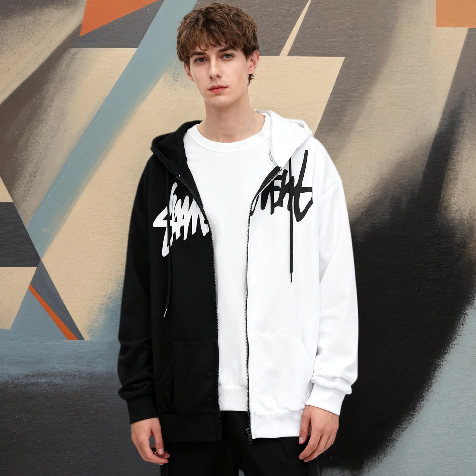 Felpa con Cappuccio e Zip da Uomo Giacca Patchwork | Cotone con Stile di Strada Hip Hop Sweatshirt